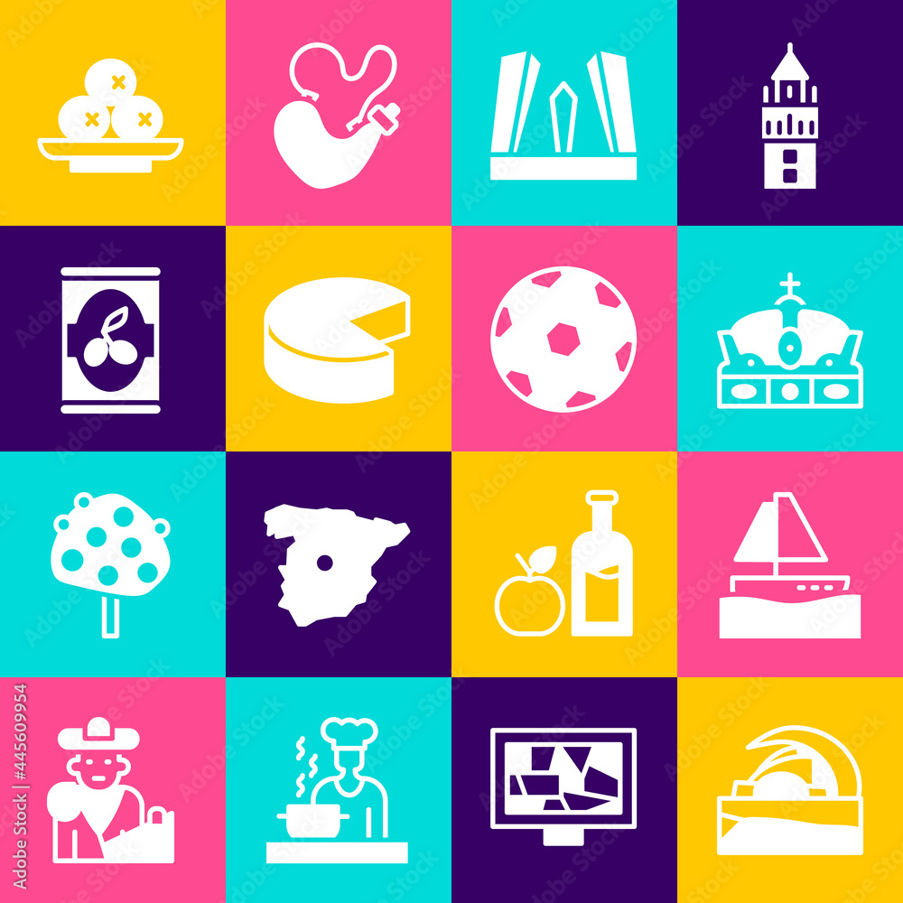 Set Concert hall de Tenerife, Yacht sailboat, Crown of spain, Gate Europe, Cheese, Olives can, plate and Football ball icon. Vector Set Concert hall de Tenerife, Yacht sailboat, Crown of spain, Gate Europe, Cheese, Olives can, plate and Football ball icon. Vector