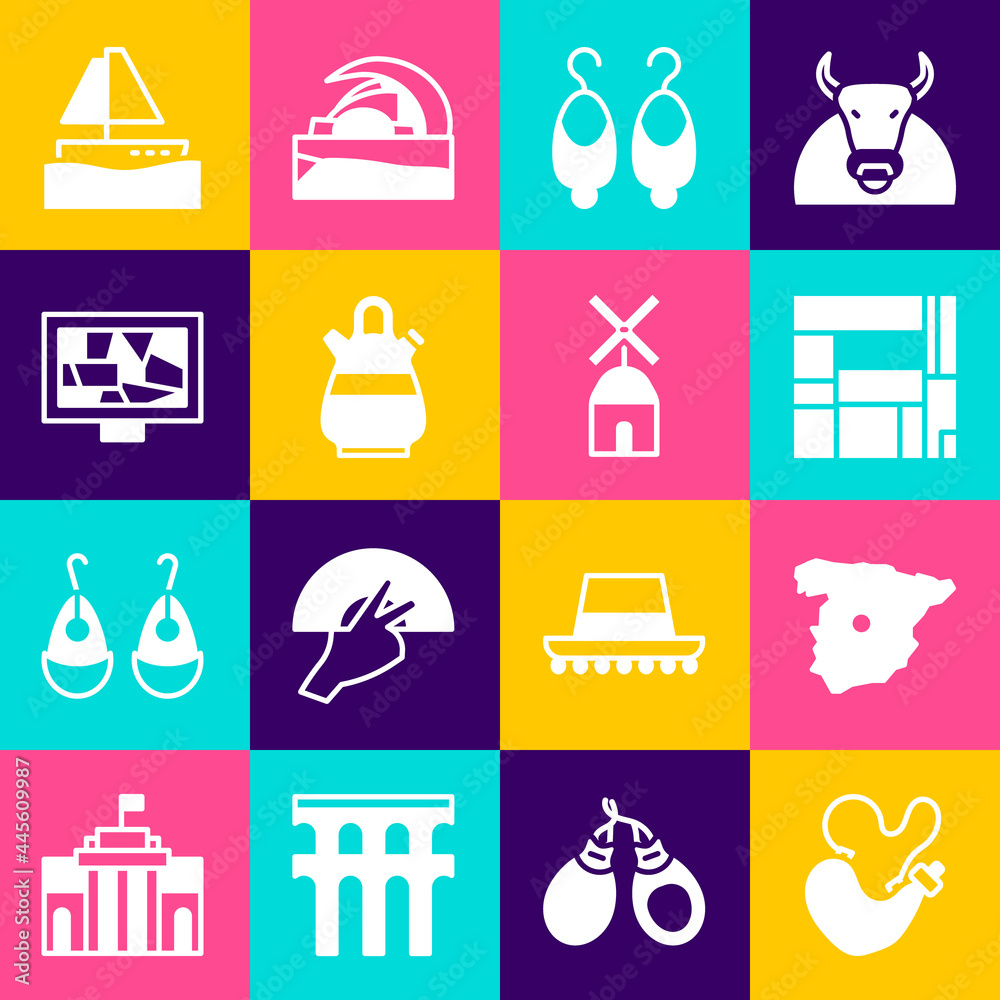 Set Spanish wineskin, Map of Spain, House Edificio Mirador, Earrings, Sangria pitcher, Picture art, Yacht sailboat and Windmill icon. Vector Set Spanish wineskin, Map of Spain, House Edificio Mirador, Earrings, Sangria pitcher, Picture art, Yacht sailboat and Windmill icon. Vector