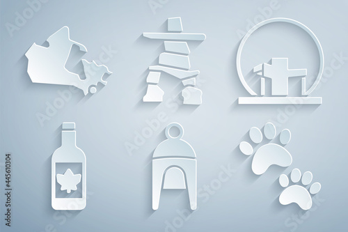 Set Winter hat, Montreal Biosphere, Beer bottle, Paw print, Inukshuk and Canada map icon. Vector