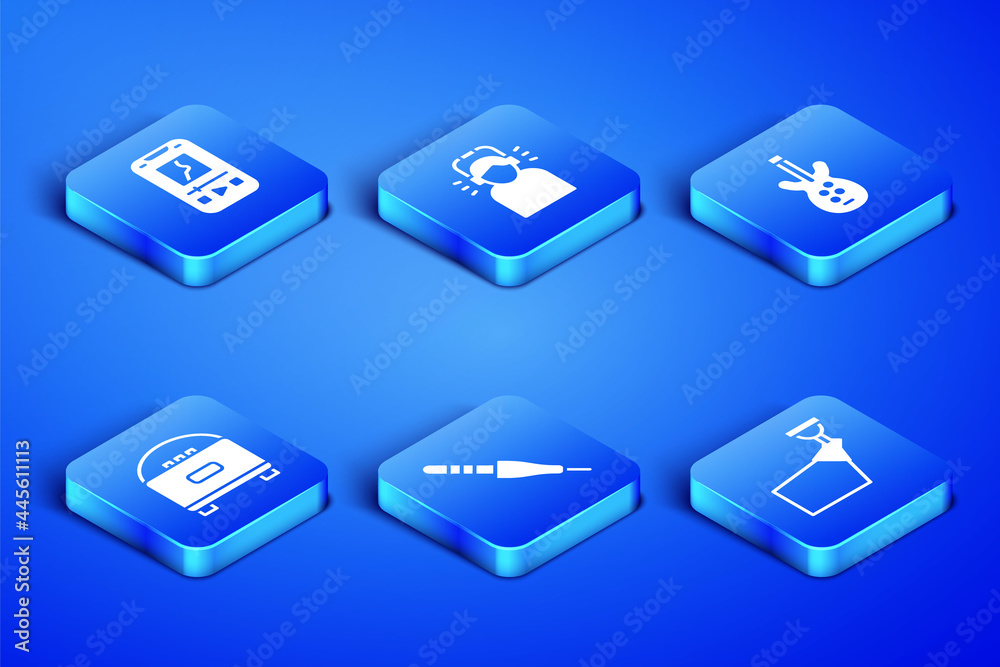 Set Movie spotlight, Music player, Audio jack, Stereo speaker, Man in headphones and Electric bass guitar icon. Vector Set Movie spotlight, Music player, Audio jack, Stereo speaker, Man in headphones and Electric bass guitar icon. Vector