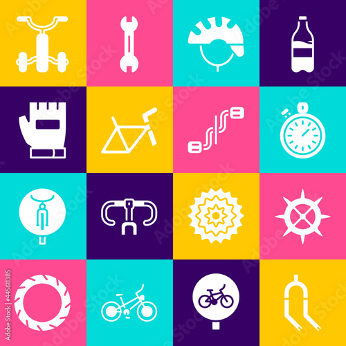 Set Bicycle fork, sprocket crank, Stopwatch, helmet, frame, Gloves, kids and pedals icon. Vector