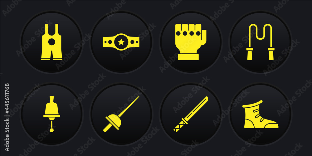 Set Ringing bell, Jump rope, Fencing, Japanese katana, MMA glove, Boxing belt, Sport boxing shoes and Wrestling singlet icon. Vector Set Ringing bell, Jump rope, Fencing, Japanese katana, MMA glove, Boxing belt, Sport boxing shoes and Wrestling singlet icon. Vector