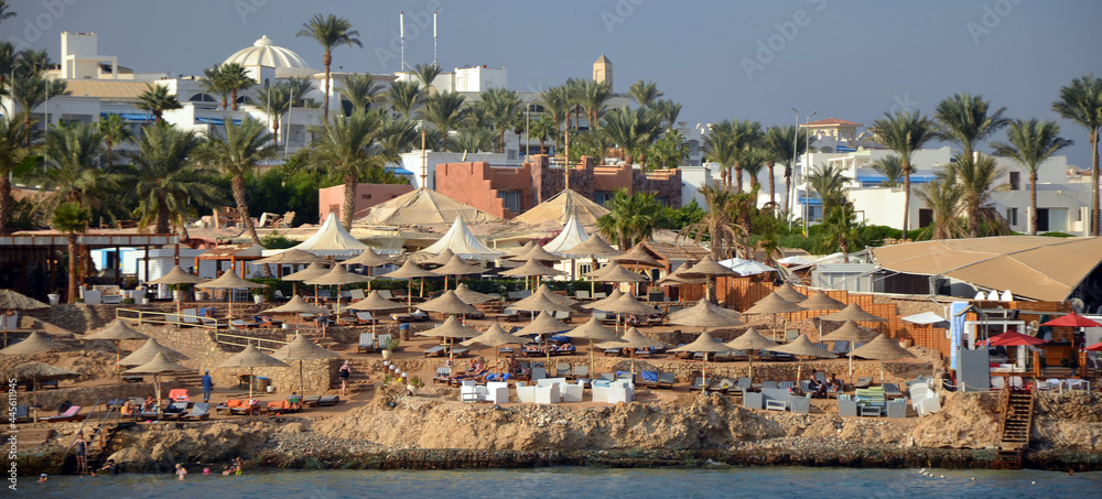 Resorts and hotels at coast of Sharm El Sheikh from yacht.