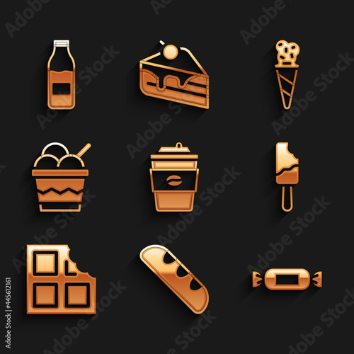 Set Coffee cup to go, French baguette bread, Candy, Ice cream, Chocolate bar, in bowl, waffle cone and Bottle with milk icon. Vector