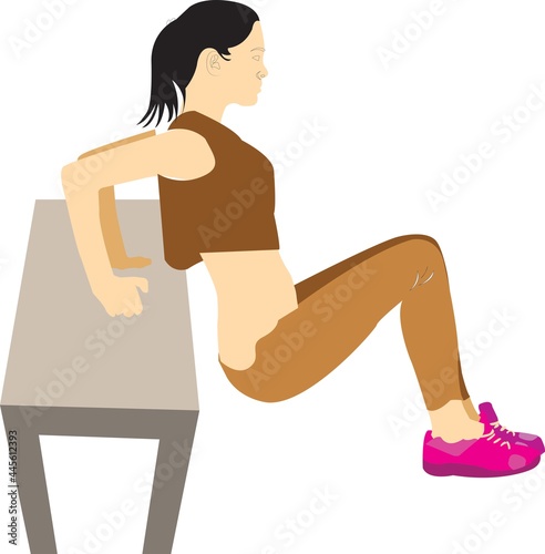 Woman doing push-ups illustration. Health bearings adventure by step.Push up practice planning exercise. Female lifting loads teacher. Game sign. Sports picture - Simple vector portrayal on white foun