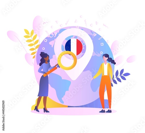 Immigration to France concept. Two girls are standing near a large globe with a French flag. Learning French. Cartoon modern gradient flat vector illustration isolated on a white background