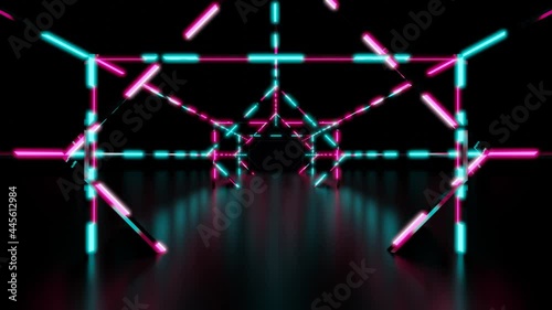 Neon light of Modern design., flight forward through digital corridor, appearing glowing pink blue lines, ultraviolet spectrum., 4K Looped Background Animation