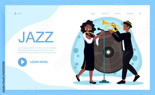 Jazz Singer concept. A musician plays a saxophone, and a woman sings against the background of a large record. the direction in music. Cartoon flat vector illustration for websites and landing pages