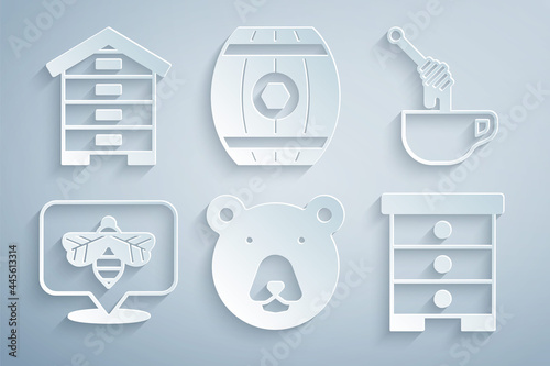 Set Bear head, Honey dipper stick with honey, Bee, Hive for bees, Wooden barrel and icon. Vector