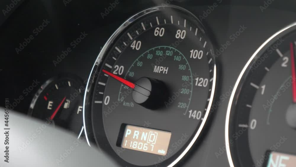 Speedometer on a car increasing from 0 to 40 miles per hour in slow motion and handheld. Speedometer on a car increasing from 0 to 40 miles per hour in slow motion and handheld.