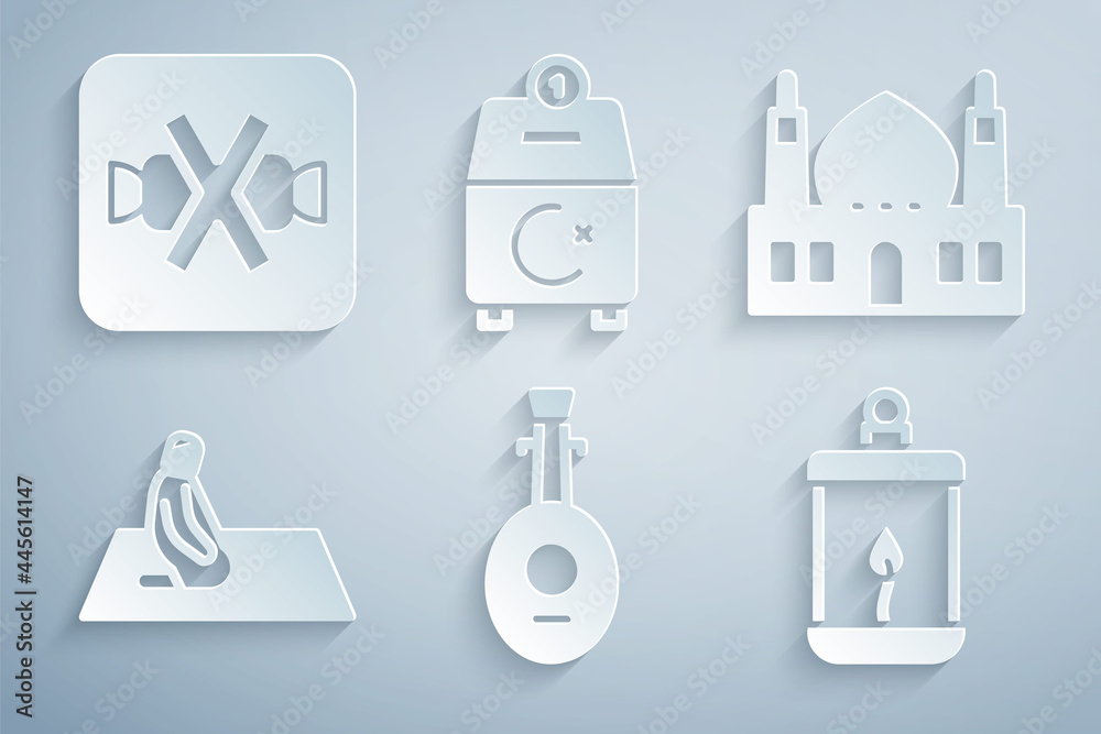 Set Lute, Muslim Mosque, man prays, Ramadan Kareem lantern, Donate or pay your zakat and No sweets icon. Vector