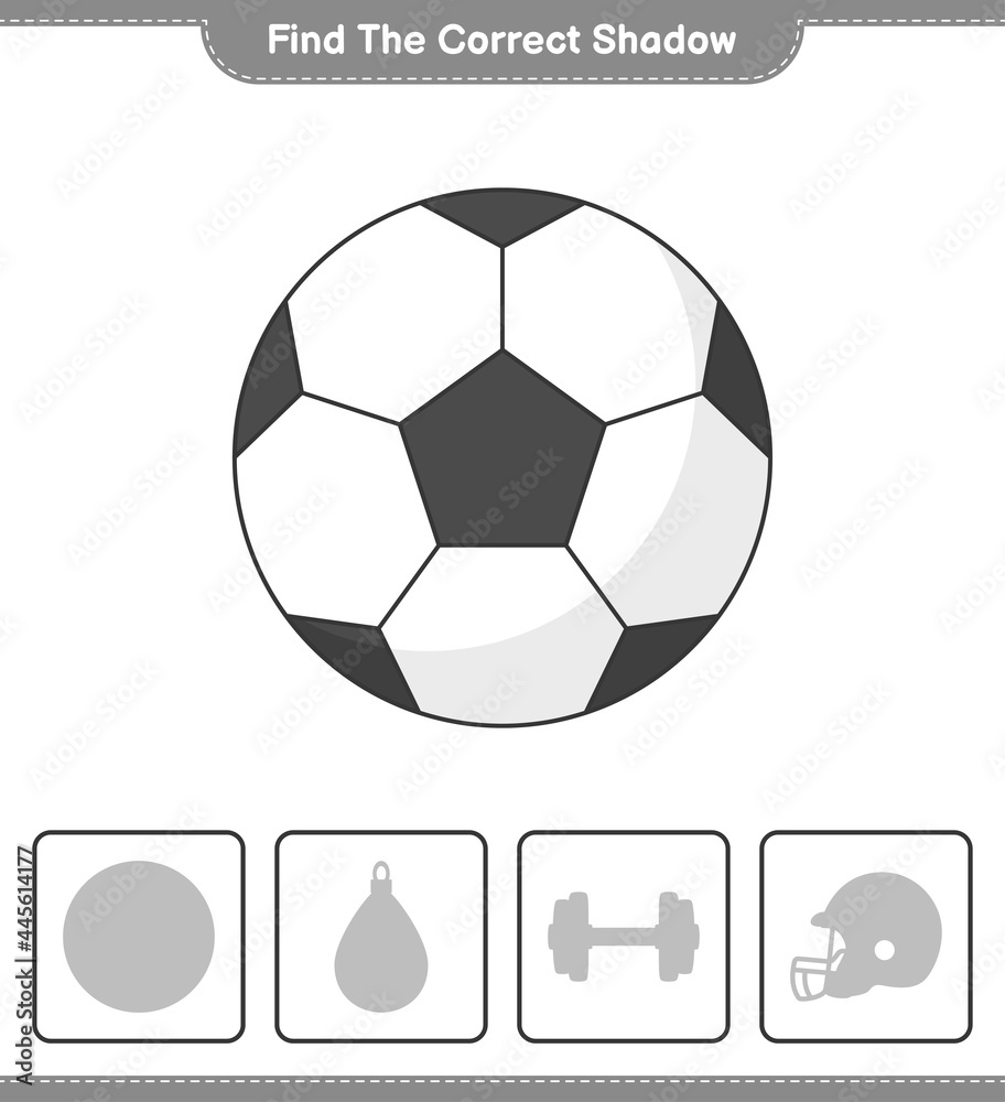 Find the correct shadow. Find and match the correct shadow of Soccer Ball. Educational children game, printable worksheet, vector illustration Find the correct shadow. Find and match the correct shadow of Soccer Ball. Educational children game, printable worksheet, vector illustration