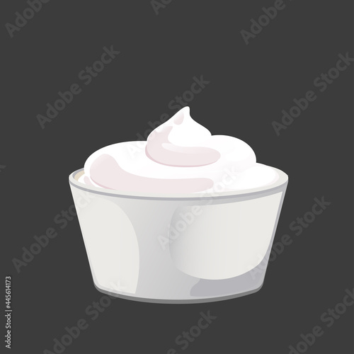 White sauce in bowl in cartoon style. Swirl condiment mousse in porcelain cup. Vector illustration.