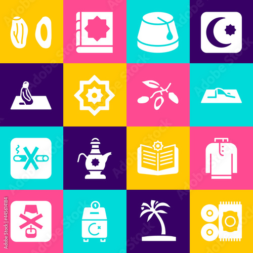 Set Traditional carpet, Shirt kurta, Muslim man prays, Turkish hat, Octagonal star, Date fruit and icon. Vector