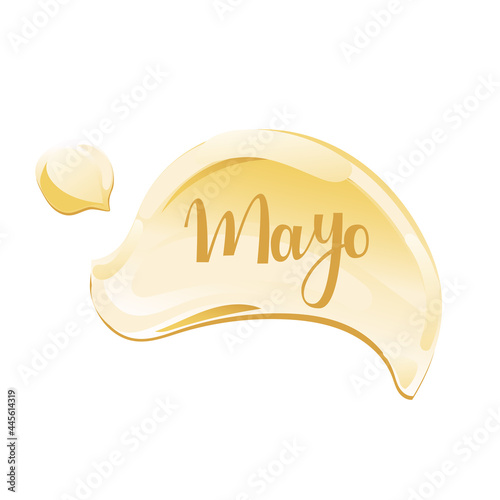 Mayonnaise label with sauce splash. Hand drawn lettering Mayo quote. Vector illustration.