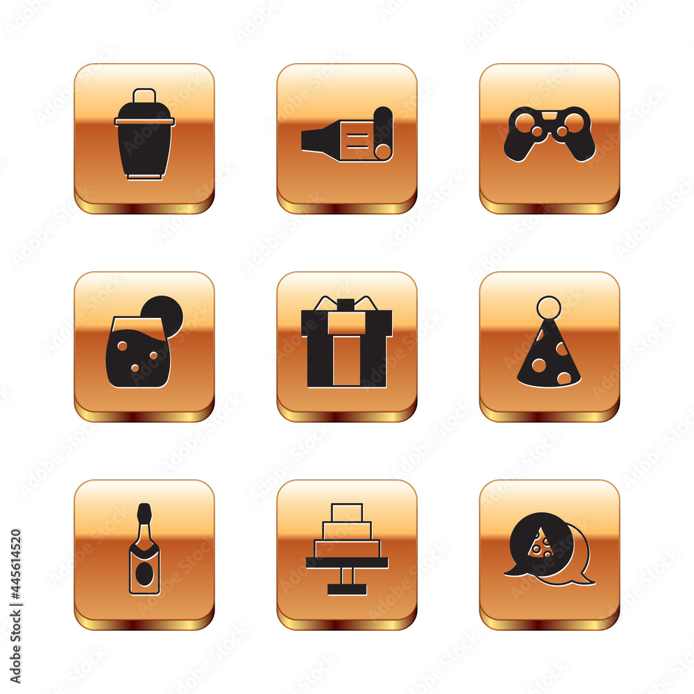 Set Cocktail shaker, Champagne bottle, Cake, Gift box, Gamepad, Slice of pizza and Birthday party horn icon. Vector Set Cocktail shaker, Champagne bottle, Cake, Gift box, Gamepad, Slice of pizza and Birthday party horn icon. Vector