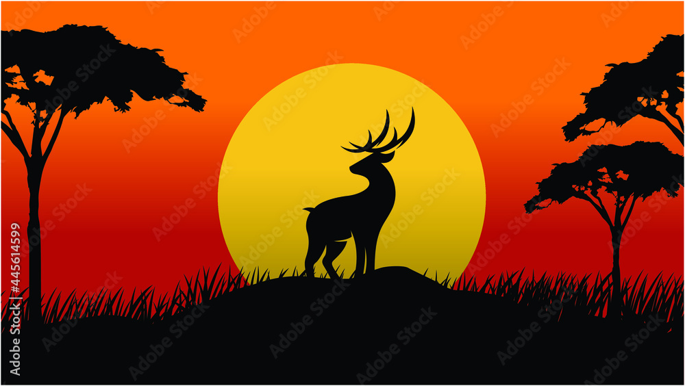 Vector Landscape Illustration of Beautiful mountain landscape with Deer, Africa tree, and forest. sunrise and sunset in mountains.