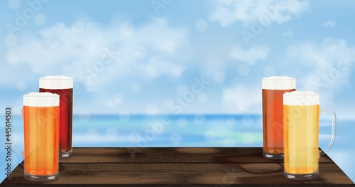 Rectangular banner with craft beer in mug glasses. Wooden table against the background of the sea and blue sky. Light and dark beer, ale, and lager. Beer day. Template. Post. Vector illustration.