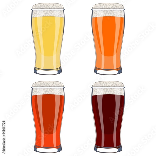 Set with craft beer in weizen glasses for banners, flyers, posters, cards. Light and dark beer, ale, and lager. International Beer Day. Cartoon style. Vector illustration isolated on white background.