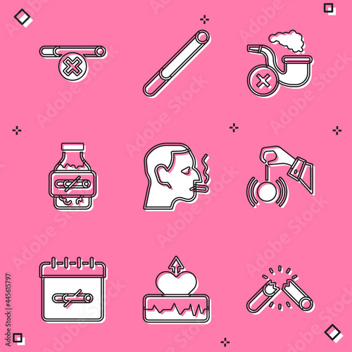Set No smoking  Cigarette  Smoking pipe with smoke  Nicotine gum blister pack  Man cigarette  Hypnosis  days and Heartbeat increase icon. Vector