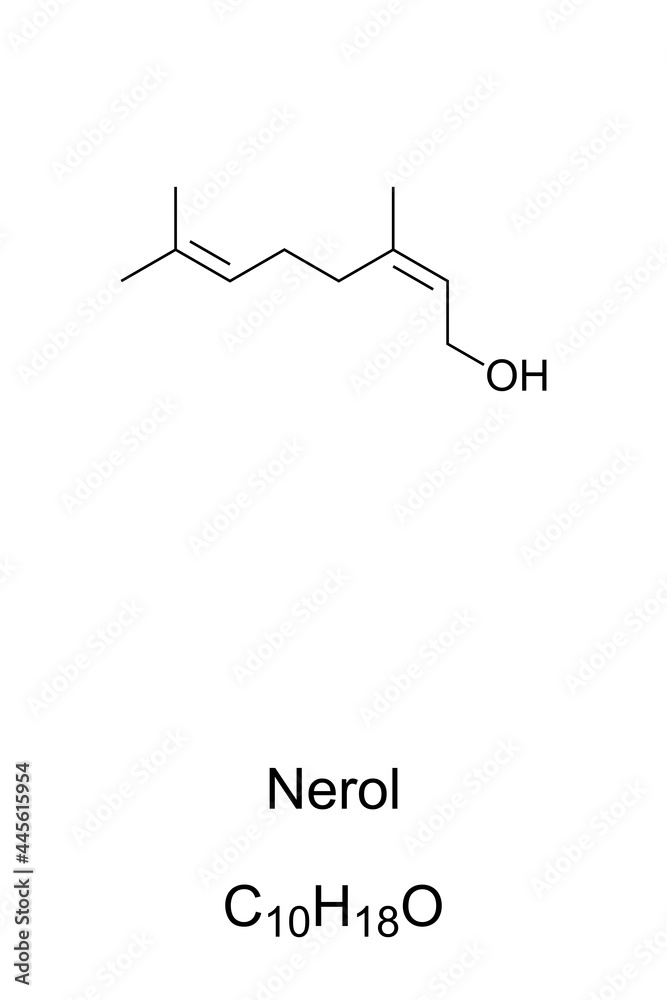 Nerol, chemical formula and skeletal structure. Organic compound, a monoterpenoid alcohol, found in essential oils, such as lemongrass and hops, originally isolated from neroli oil, used in perfumery. Nerol, chemical formula and skeletal structure. Organic compound, a monoterpenoid alcohol, found in essential oils, such as lemongrass and hops, originally isolated from neroli oil, used in perfumery.