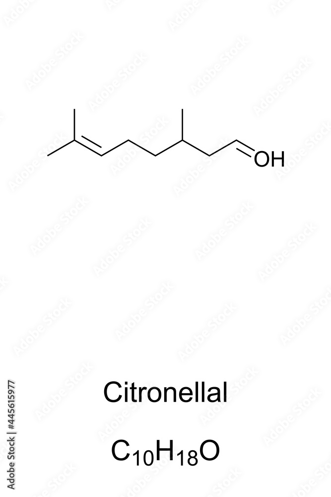 Citronellal, chemical formula. Also rhodinal, organic compound, monoterpenoid aldehyde, and main component of citronella oil, giving it its distinctive lemon scent. Insect repellent properties. Vector