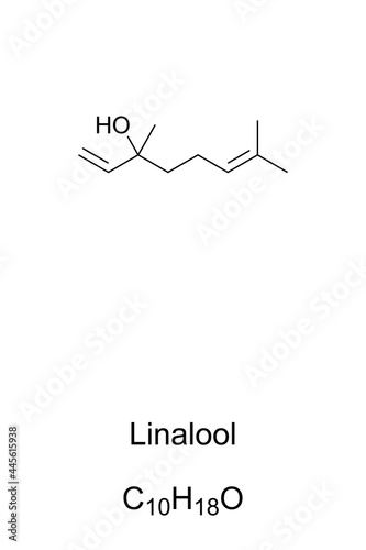 Linalool, chemical formula and skeletal structure. Organic compound, found in many flowers and spice plants. An insecticide, and widely used in perfumed hygiene products and cleaning agents. Vector. photo