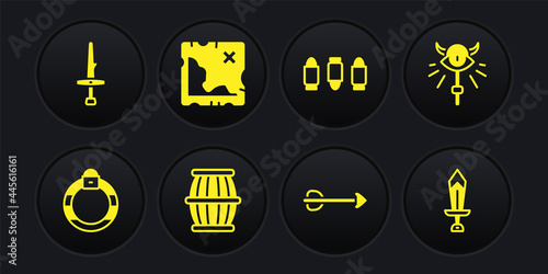 Set Magic stone ring, staff, Gun powder barrel, Arrow, Bullet, Pirate treasure map, Sword for game and Dagger icon. Vector