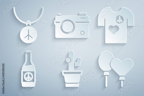 Set Cactus, Peace t-shirt print stamp, Beer bottle, Balloons, Photo camera and Necklace with peace symbol icon. Vector