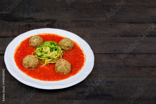 Brazilian meal of low carb food, healthy food of pasta and meatballs with space for text
