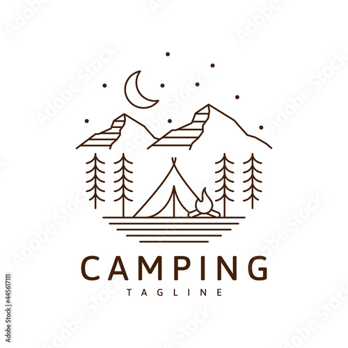 Camping logo or illustration monoline or line art style, tent, mountain, camp fire at night vector design