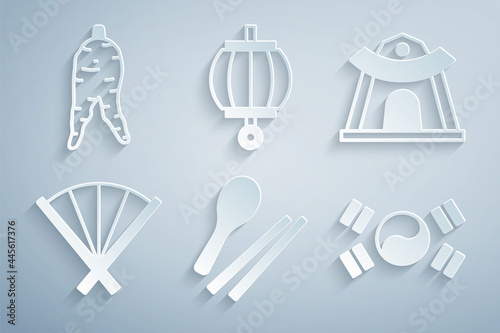 Set Food chopsticks, Korean temple, Traditional fan, South flag, lantern and Ginseng root icon. Vector