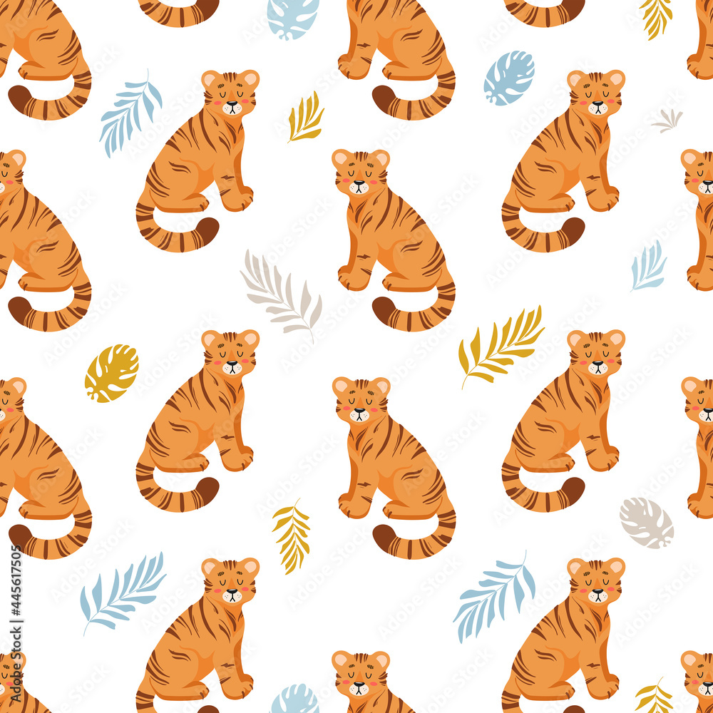 Obraz premium Bright summer tropical seamless pattern. Cute tiger, palm leaves childrens vector illustration cartoon style. For nursery, posters, prints on fabric. International Tiger Day. Chinese New Year 2022.