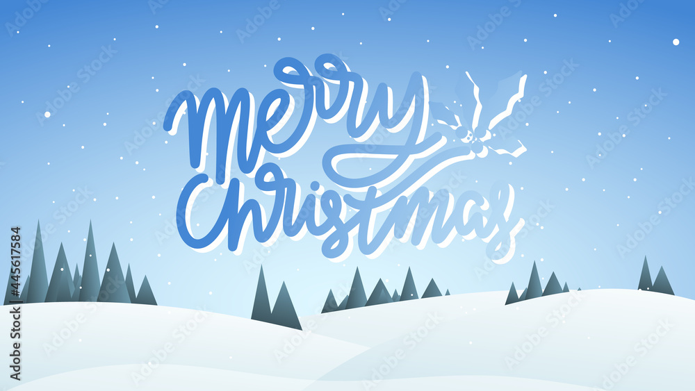 Merry Christmas handwritten with snowflakes and Landscape Snowy background ,Snowdrifts. Snowfall Clear blue sky  , Illustration Vector EPS 10