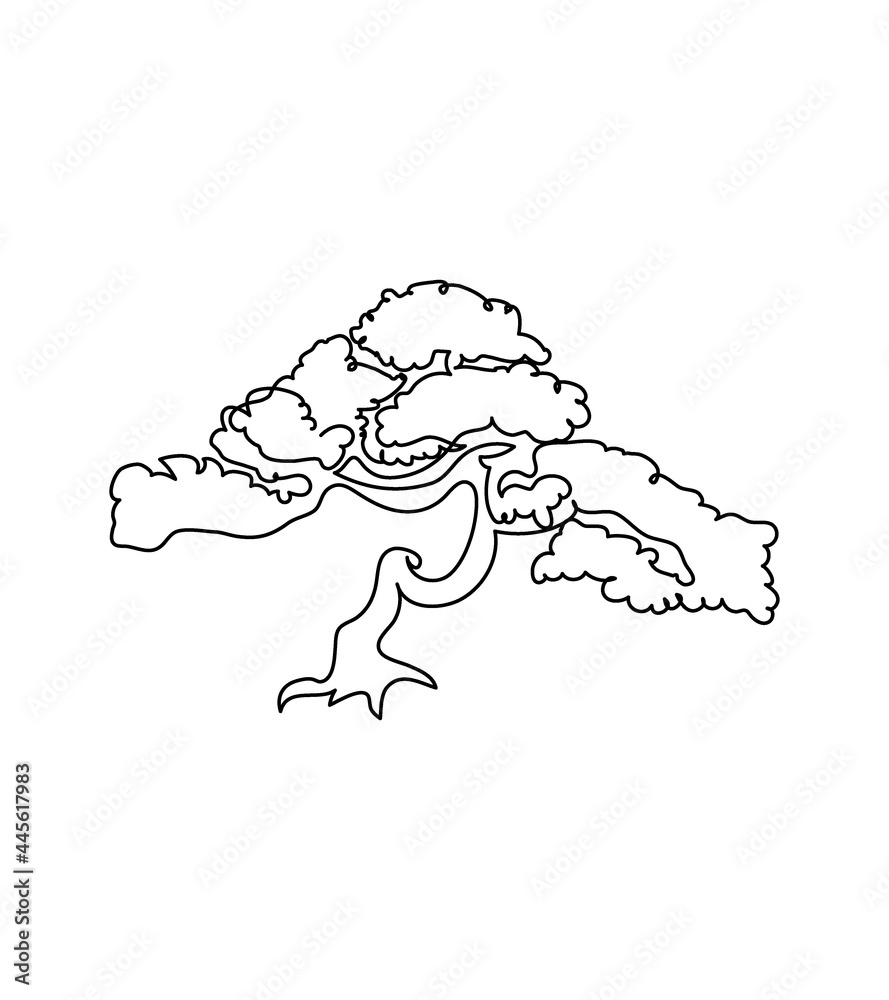 Japanese tree, bonsai one line art. Continuous line drawing of plants, tree, wood, flora