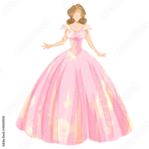 ピンクのドレスのプリンセス手書き水彩イラスト