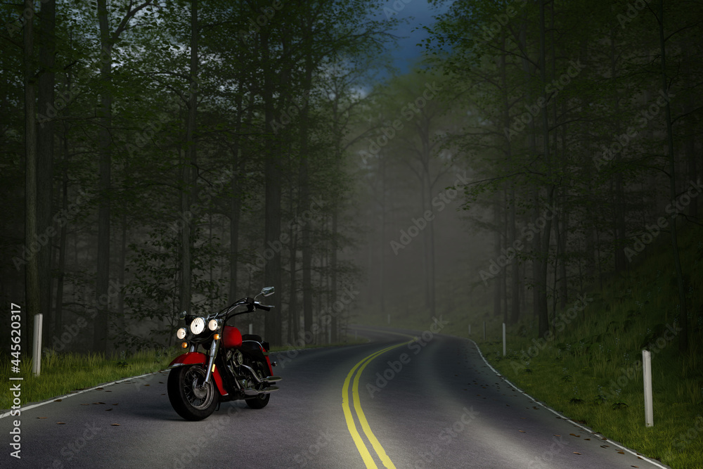 3D illustration of a large unbranded red motorcycle on an empty forest road.