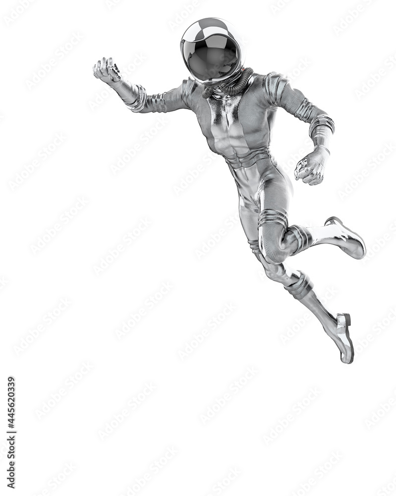 retro astronaut is floating and looking down