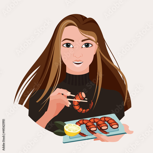 Avatar of a girl with loose hair holding a plate of shrimp with lemon and chopsticks. Vector flat illustration.