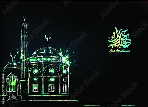 Illustration of Eid Mubarak and Humanitarian Aid. cute islamic and arabic calligraphy greeting background Aid el fitre and el adha mubarak and mabrok. traduction: greeting  muslim community festival photo