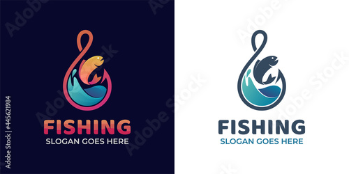 modern gradient logos of fishing hook with wave ocean with fresh fish for fishing and fisherman logo