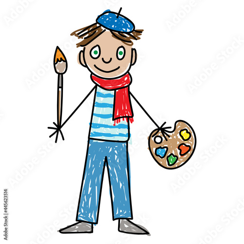Young artist. Little boy with green eyes in blue beret and red scarf with brush and palette. Children art school. Kids Drawing style. Vector illustration on the white background