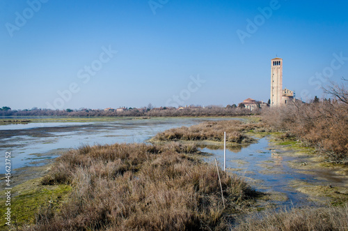 Il campanile della basilica di santa Maria assunta visto dalle barene di Torcello  nella laguna di Venezia