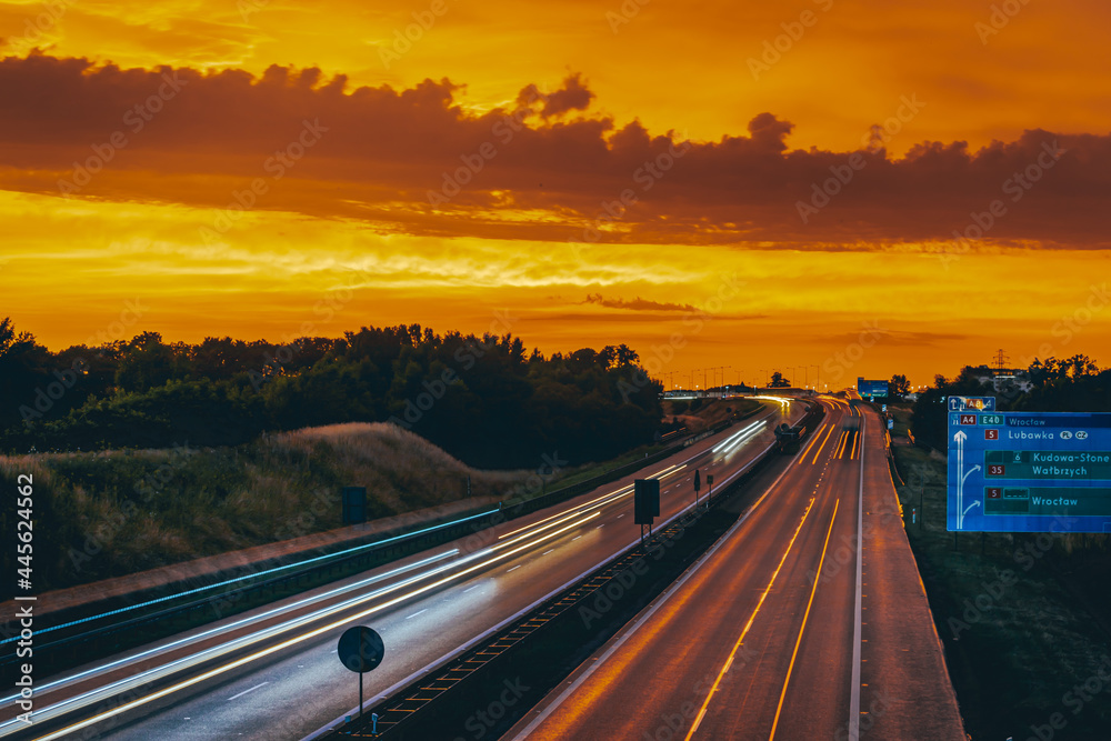 Obraz premium Sunset over the Highway in Poland. Lower Silesia.