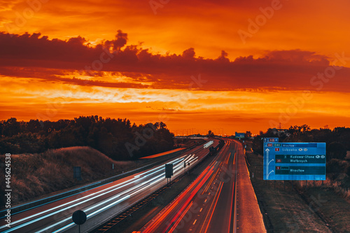 Photos Sunset over the Highway in Poland. Lower Silesia.
