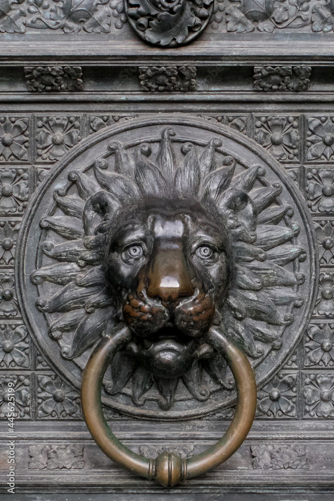 old metal door knocker doorbell lion. in lion shape old metal door knocker doorbell lion. in lion shape