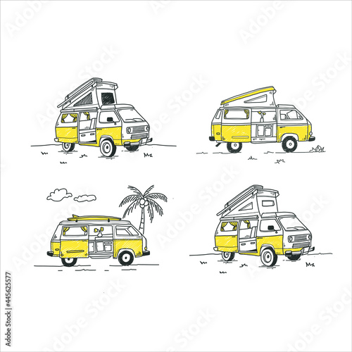 Set of camping van handdrawn ilustration