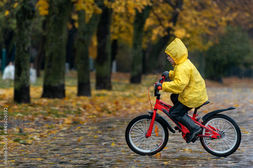 Portrait of boy on bicycle riding in an autumn park in the rain. Boy in yellow raincoat rides bicycle around city