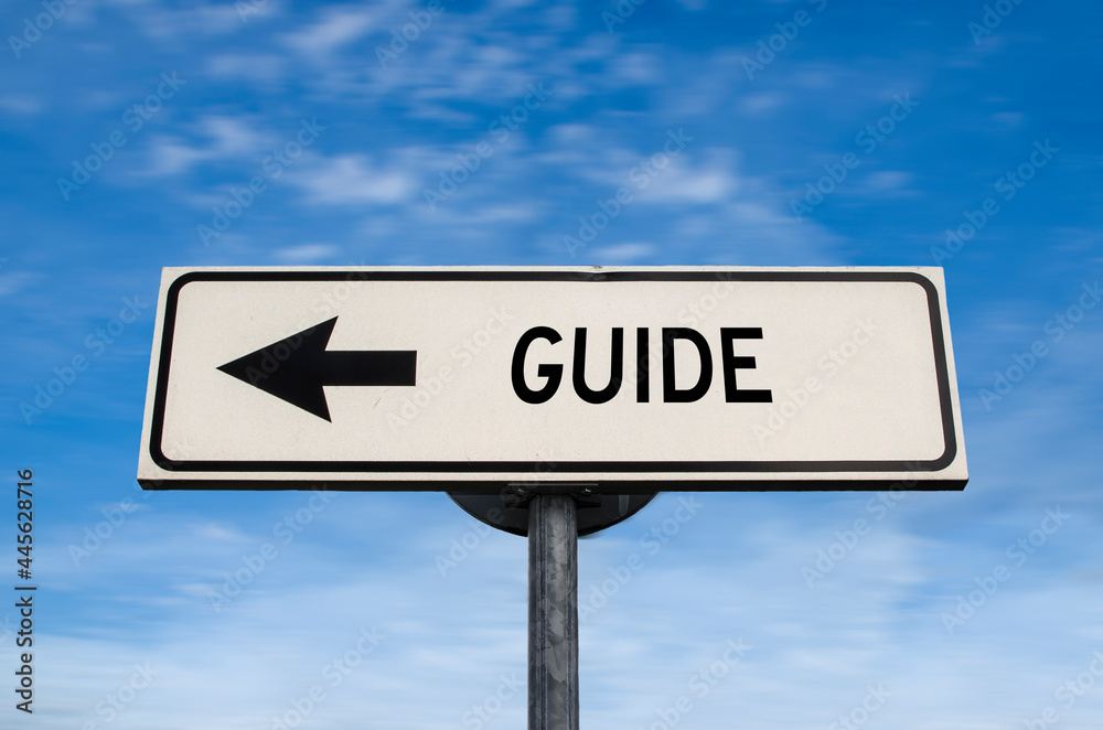 Guide road sign, arrow on blue sky background. One way blank road sign with copy space. Arrow on a pole pointing in one direction. Guide road sign, arrow on blue sky background. One way blank road sign with copy space. Arrow on a pole pointing in one direction.