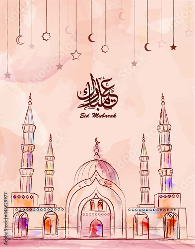 Illustration of Eid Mubarak and Humanitarian Aid. cute islamic and arabic calligraphy greeting background Aid el fitre and el adha mubarak and mabrok. traduction: greeting  muslim community festival
